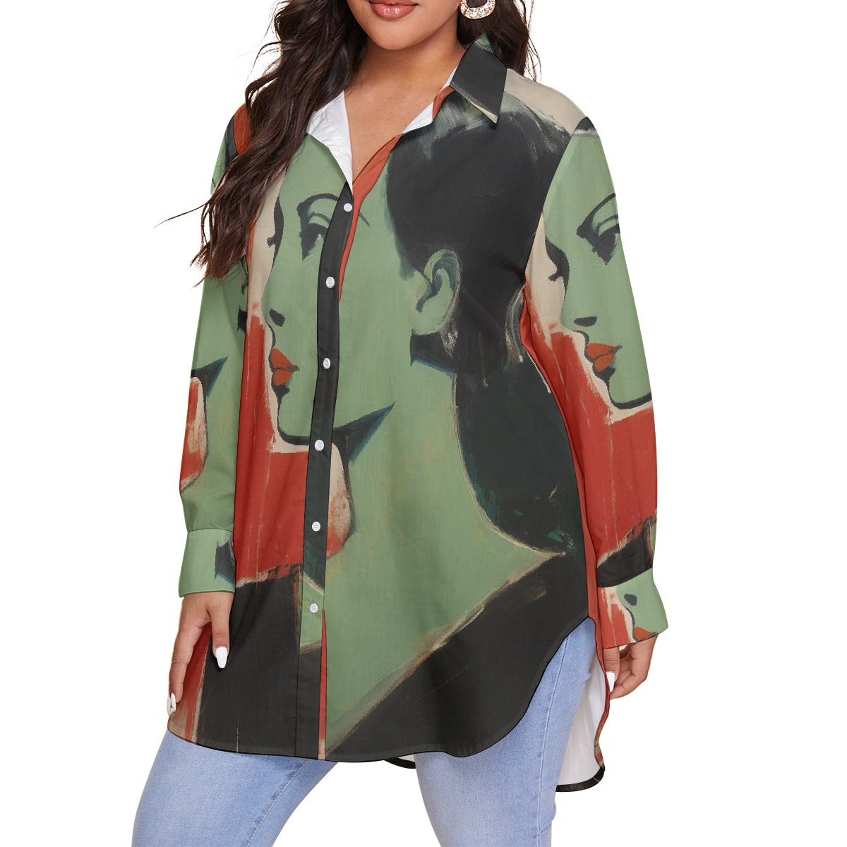 All-Over Print Women's Shirt With Long Sleeve(Plus Size)