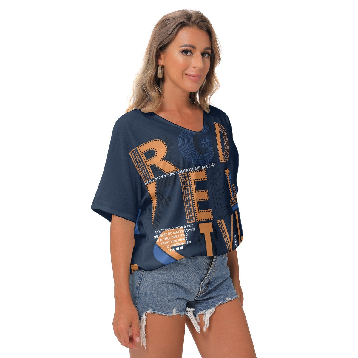 All-Over Print Women's Bat Sleeves V-Neck Blouse