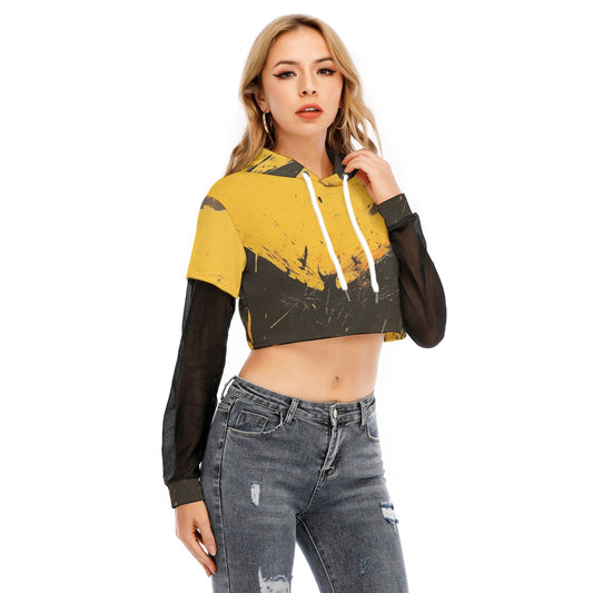 All-Over Print Women's Fake Two-piece Mesh Sleeve Cropped Hoodie