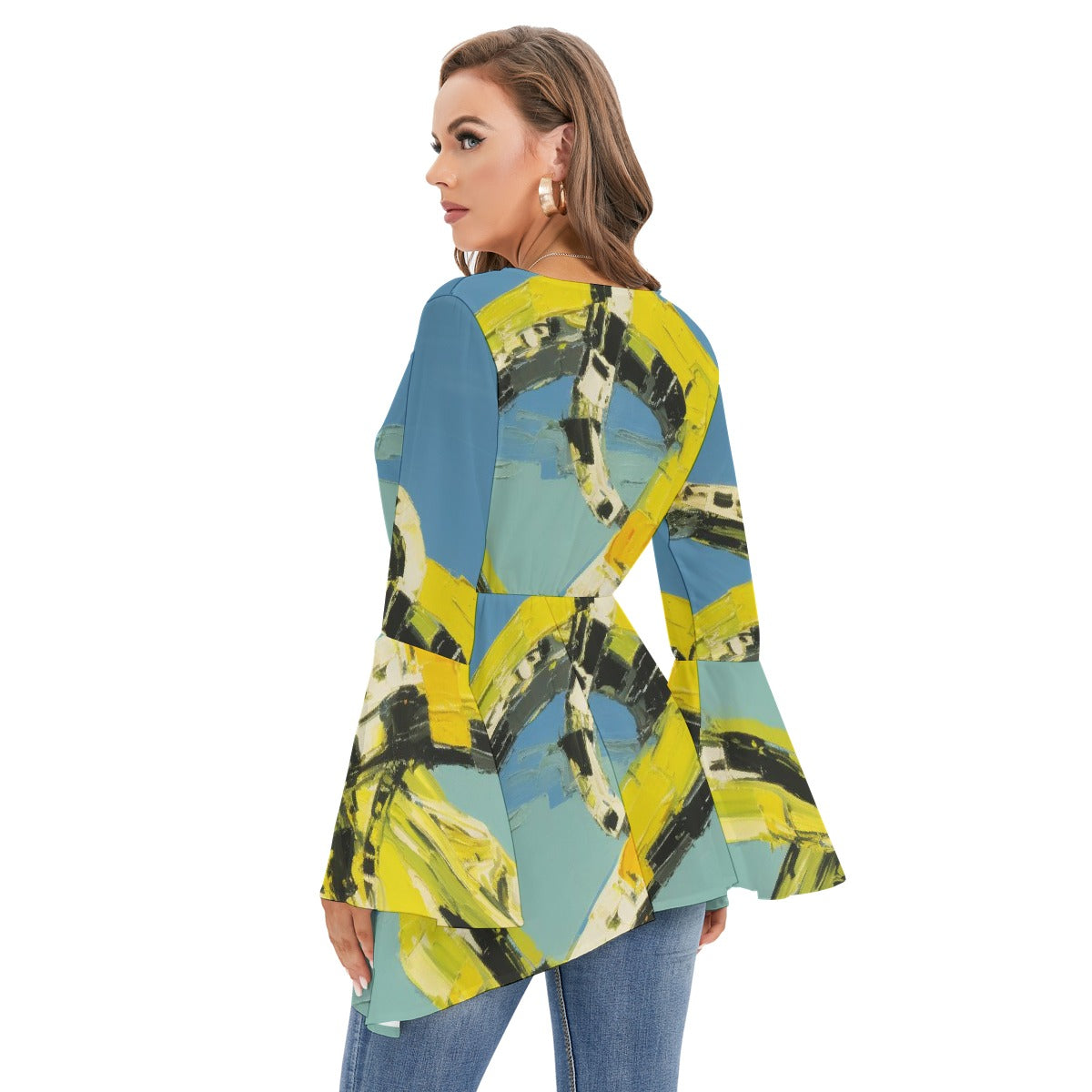 All-Over Print Women's V-neck Blouse With Flared Sleeves