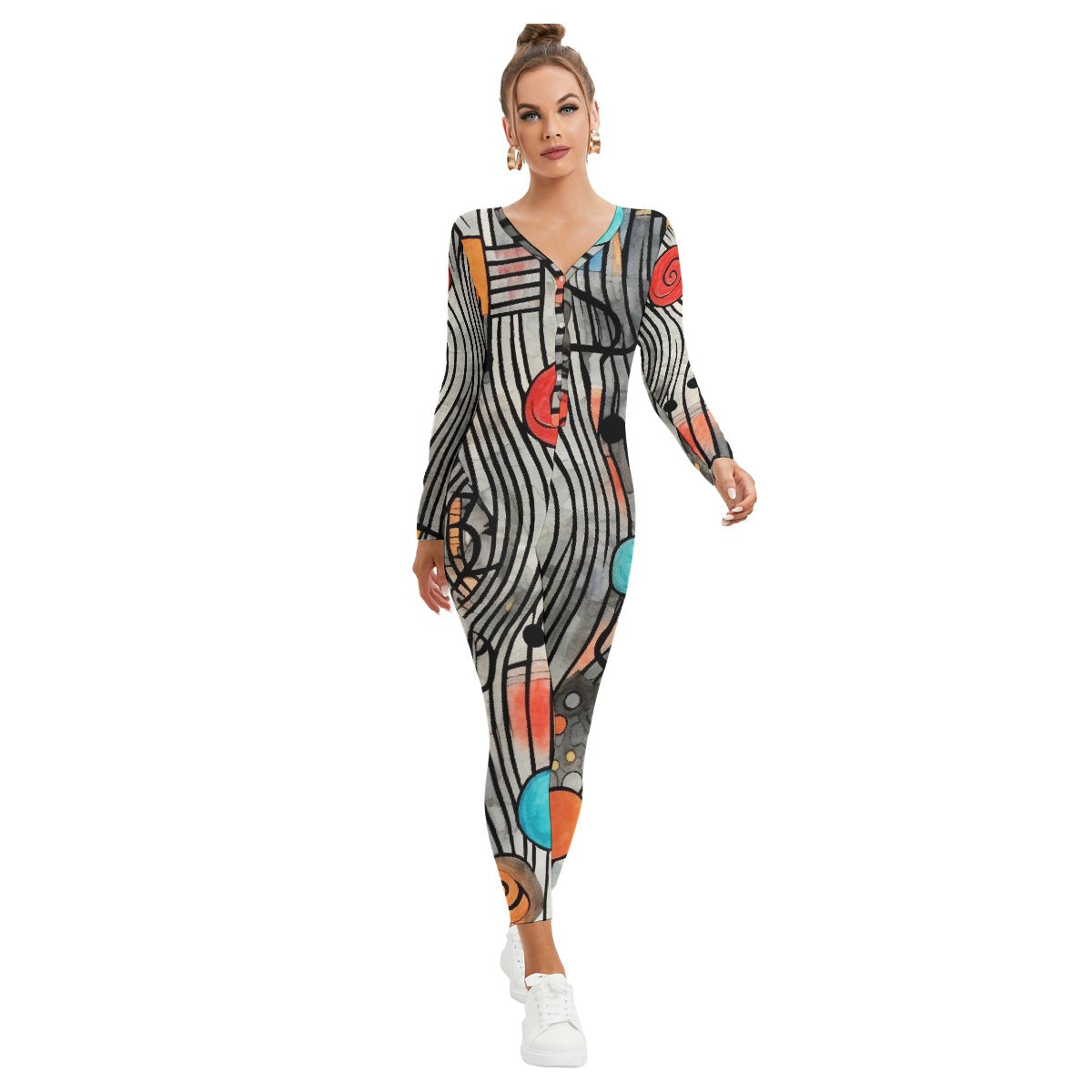 All-Over Print Women's Plunging Neck Jumpsuit