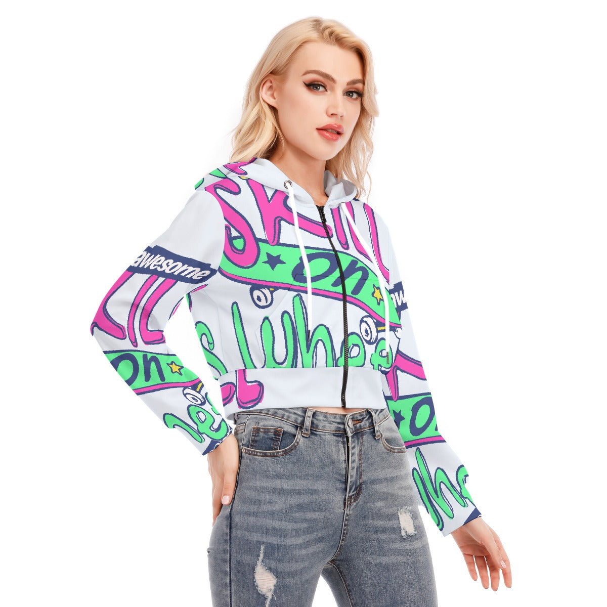 All-Over Print Women's Crop Top Hoodie With Zipper Closure