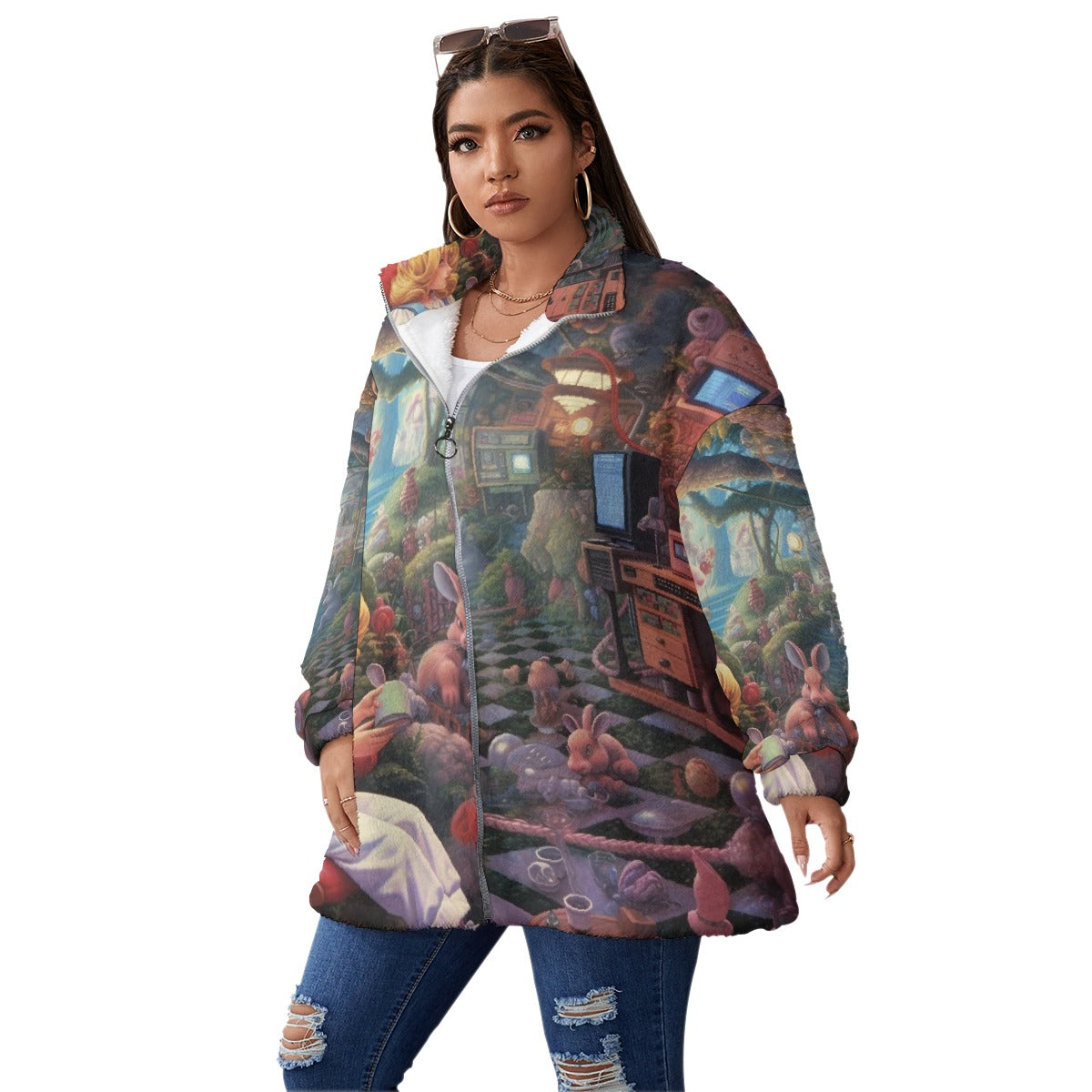All-Over Print Unisex Borg Fleece Stand-up Collar Coat With Zipper Closure(Plus Size)