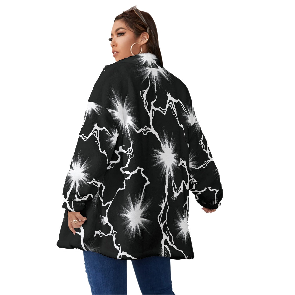 All-Over Print Unisex Borg Fleece Stand-up Collar Coat With Zipper Closure(Plus Size)