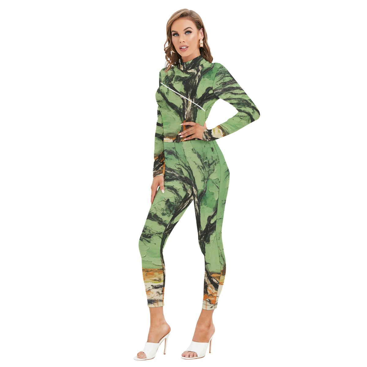 All-Over Print Women's Long-sleeved High-neck Jumpsuit With Zipper
