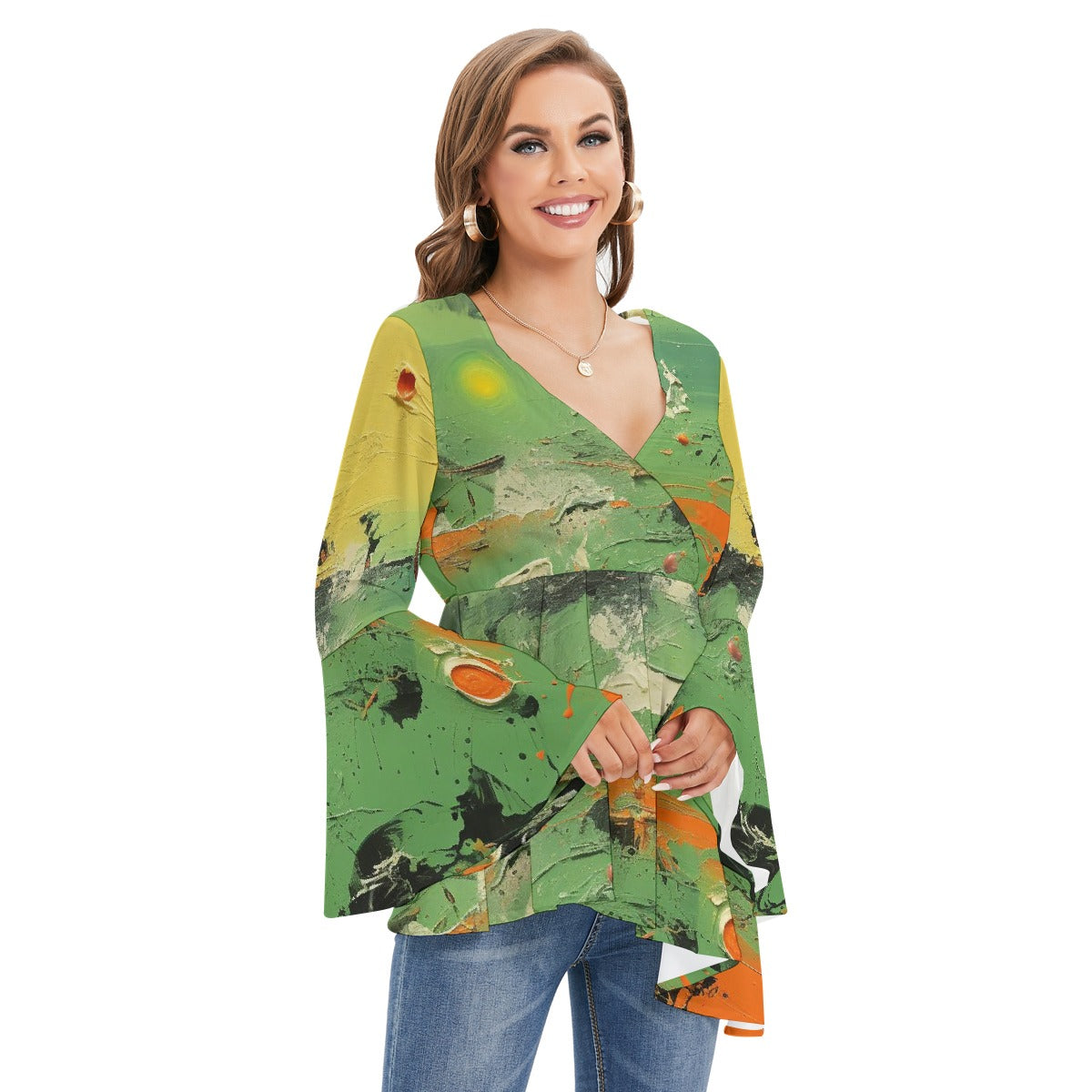 All-Over Print Women's V-neck Blouse With Flared Sleeves