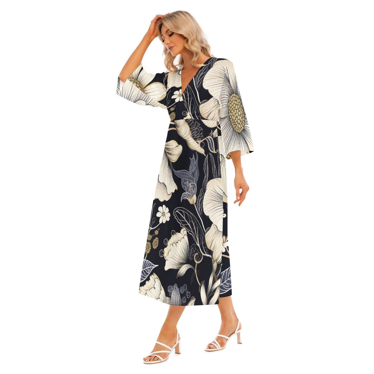All-Over Print Women's Mid-Sleeve Long Dress