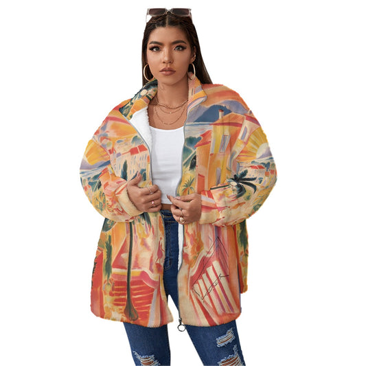 All-Over Print Unisex Borg Fleece Stand-up Collar Coat With Zipper Closure(Plus Size)