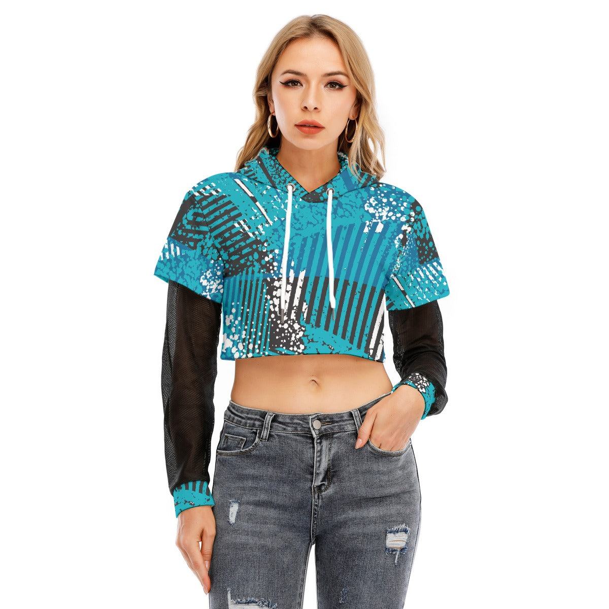 All-Over Print Women's Fake Two-piece Mesh Sleeve Cropped Hoodie