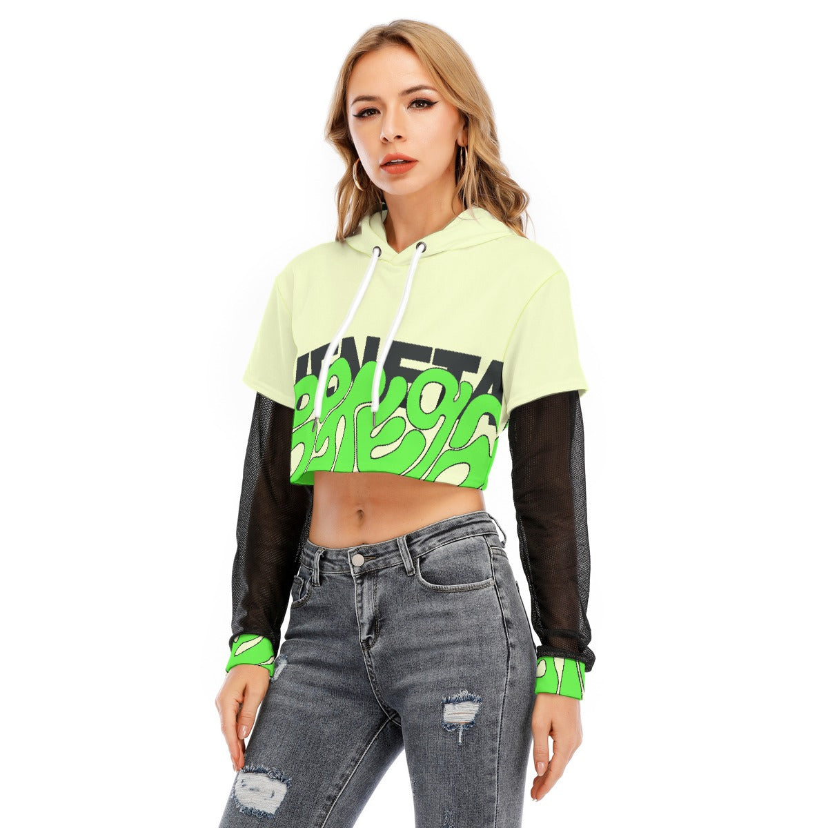 All-Over Print Women's Fake Two-piece Mesh Sleeve Cropped Hoodie