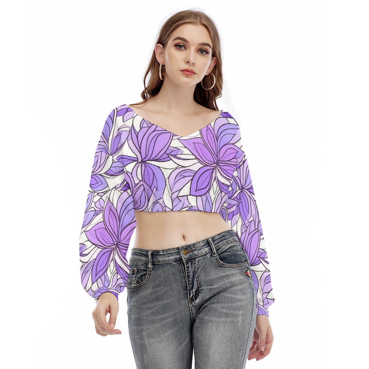 All-Over Print Women's V-neck Long Sleeve Cropped Sweatshirt