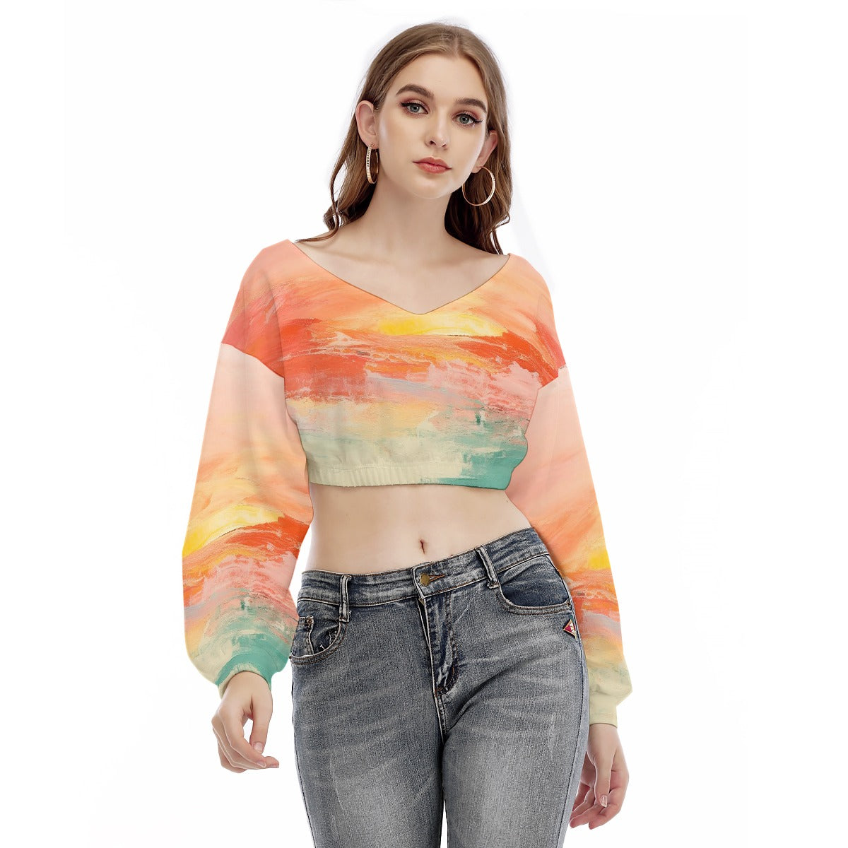 All-Over Print Women's V-neck Long Sleeve Cropped Sweatshirt