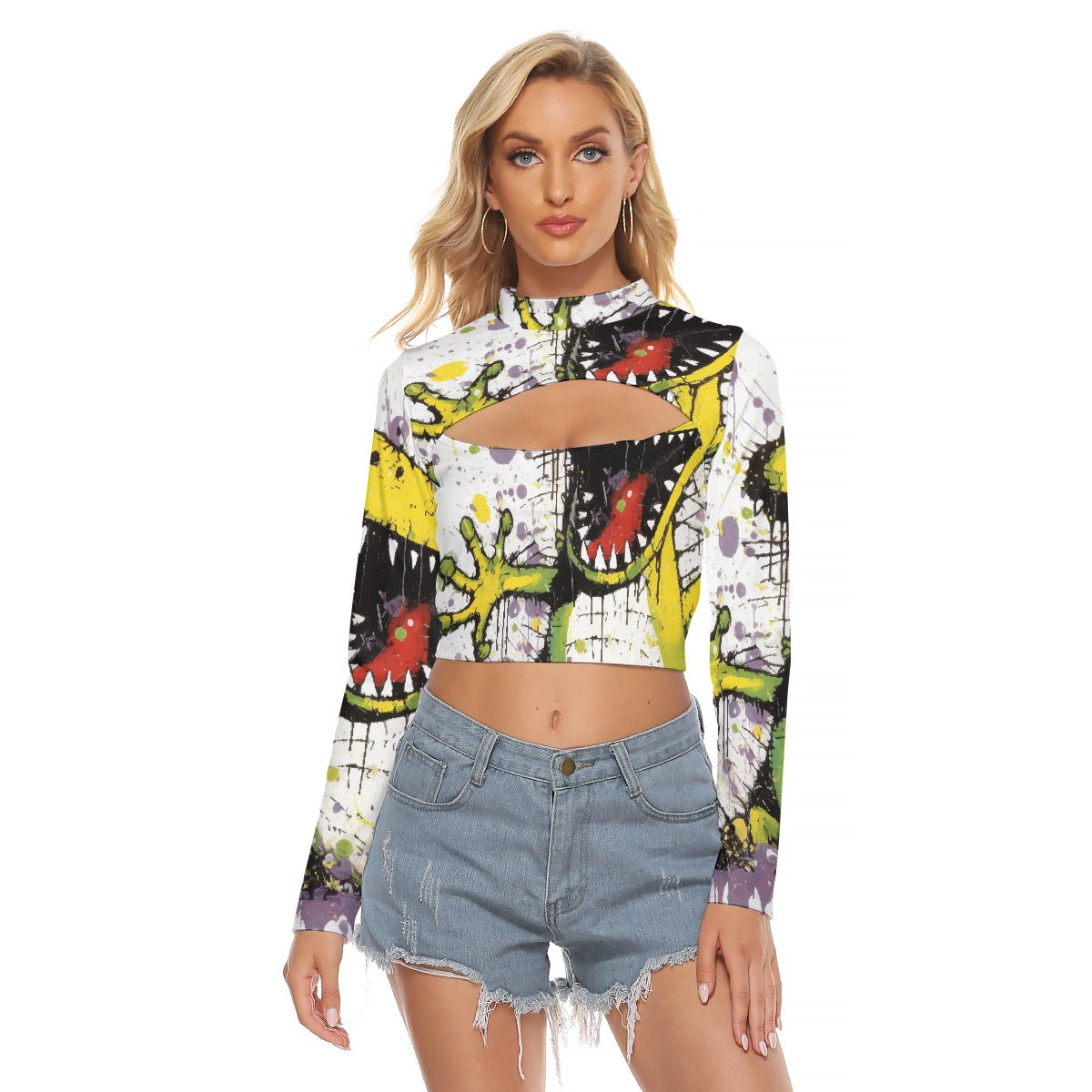 All-Over Print Women's Hollow Chest Keyhole Tight Crop Top