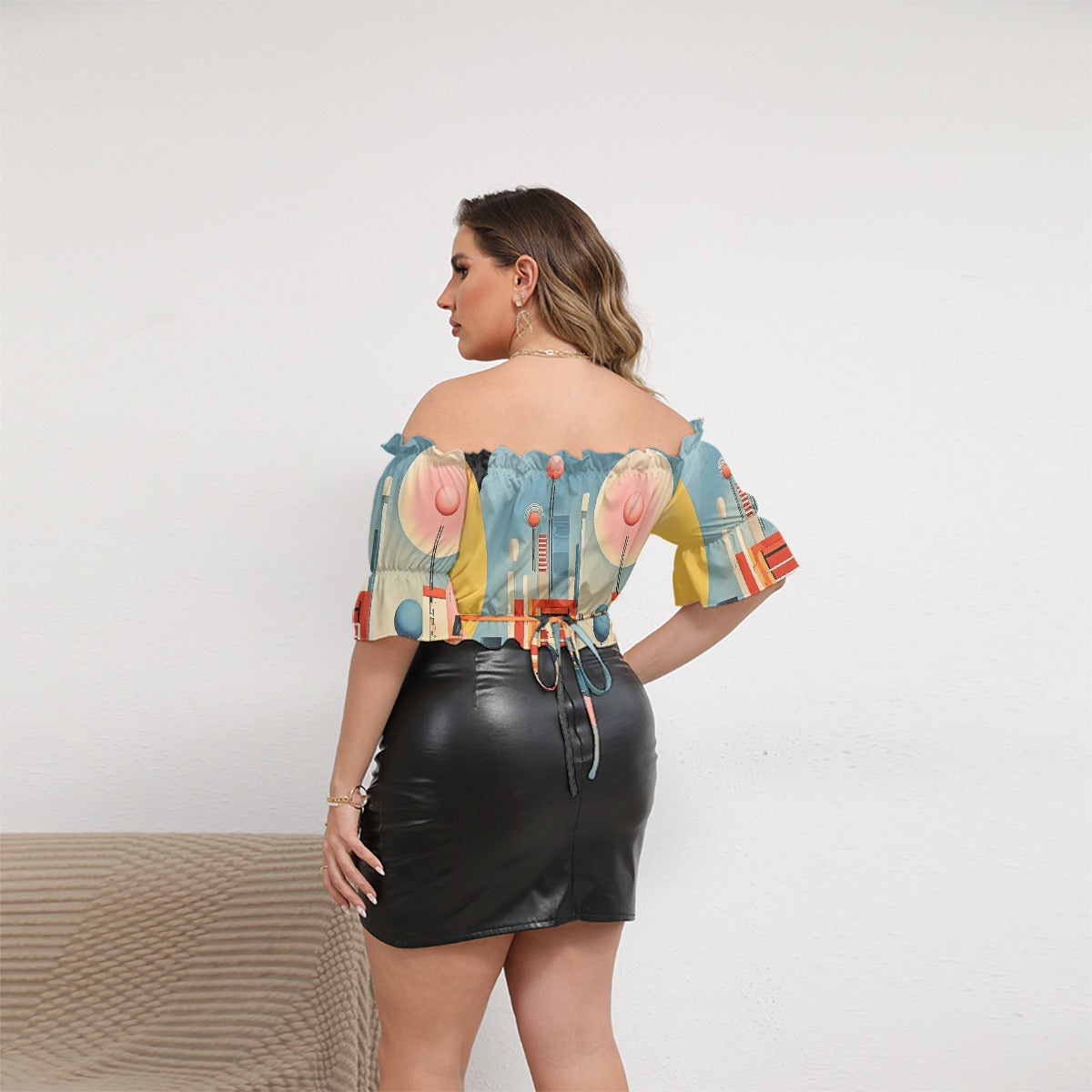 All-Over Print Women's Off-shoulder Cropped Top With Short Puff Sleeve