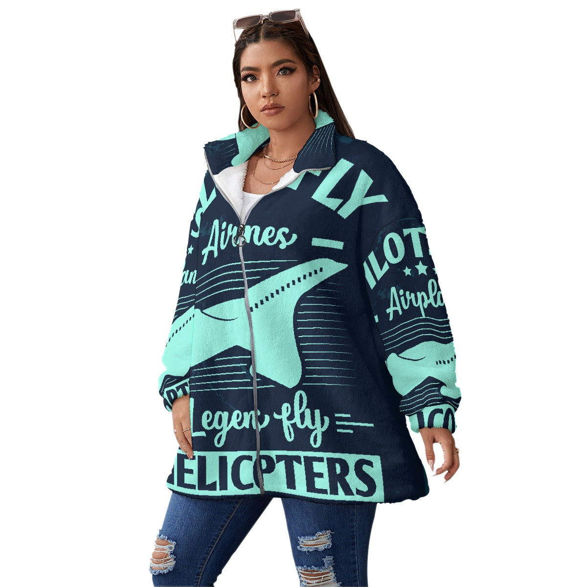 All-Over Print Unisex Borg Fleece Stand-up Collar Coat With Zipper Closure(Plus Size)