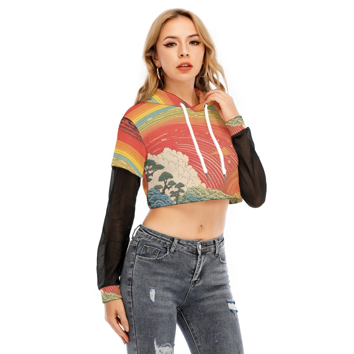 All-Over Print Women's Fake Two-piece Mesh Sleeve Cropped Hoodie