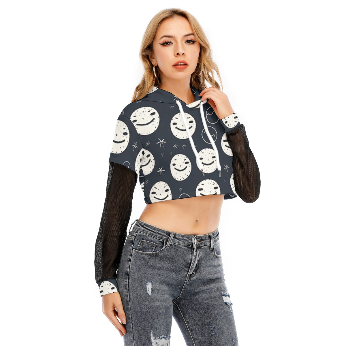 All-Over Print Women's Fake Two-piece Mesh Sleeve Cropped Hoodie