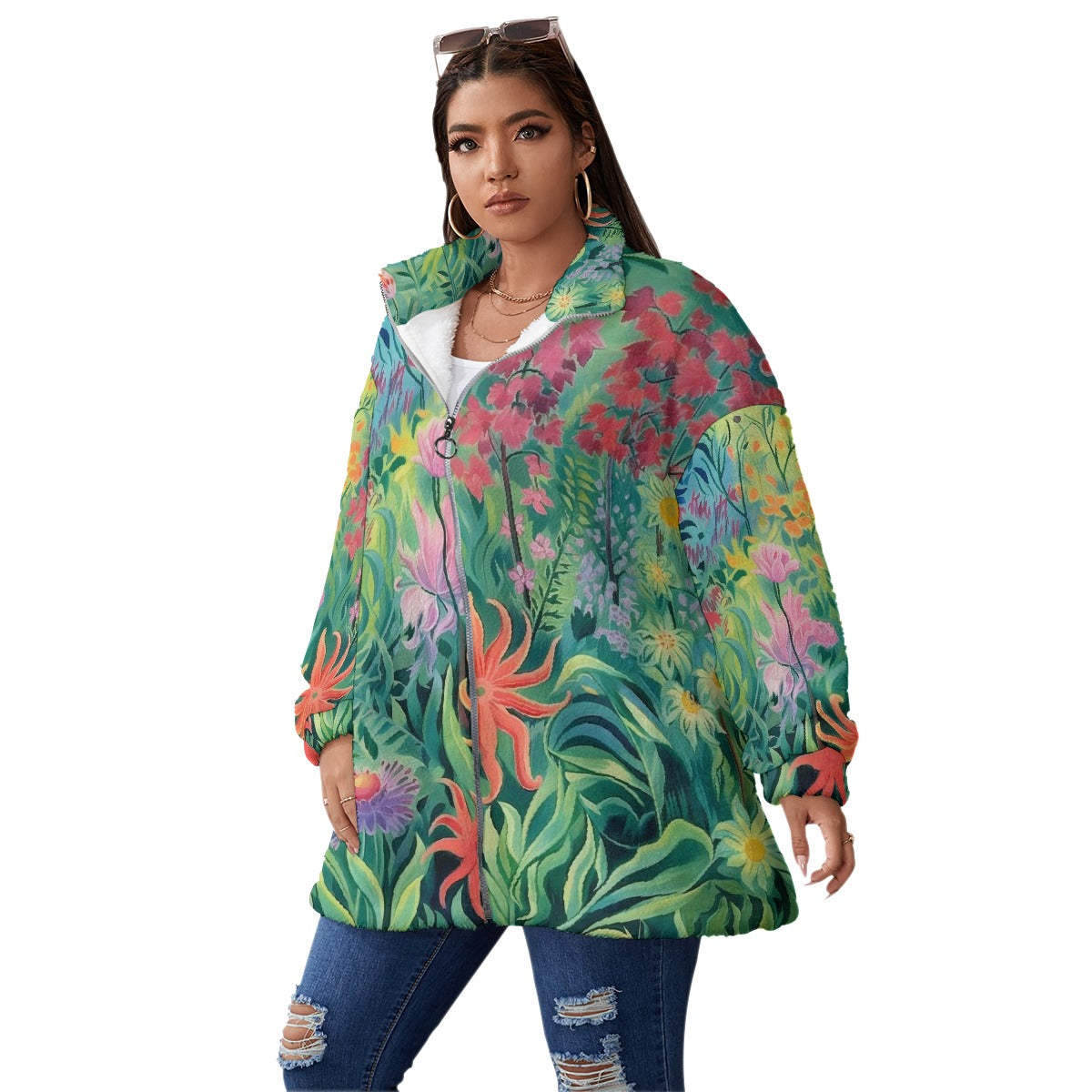 All-Over Print Unisex Borg Fleece Stand-up Collar Coat With Zipper Closure(Plus Size)