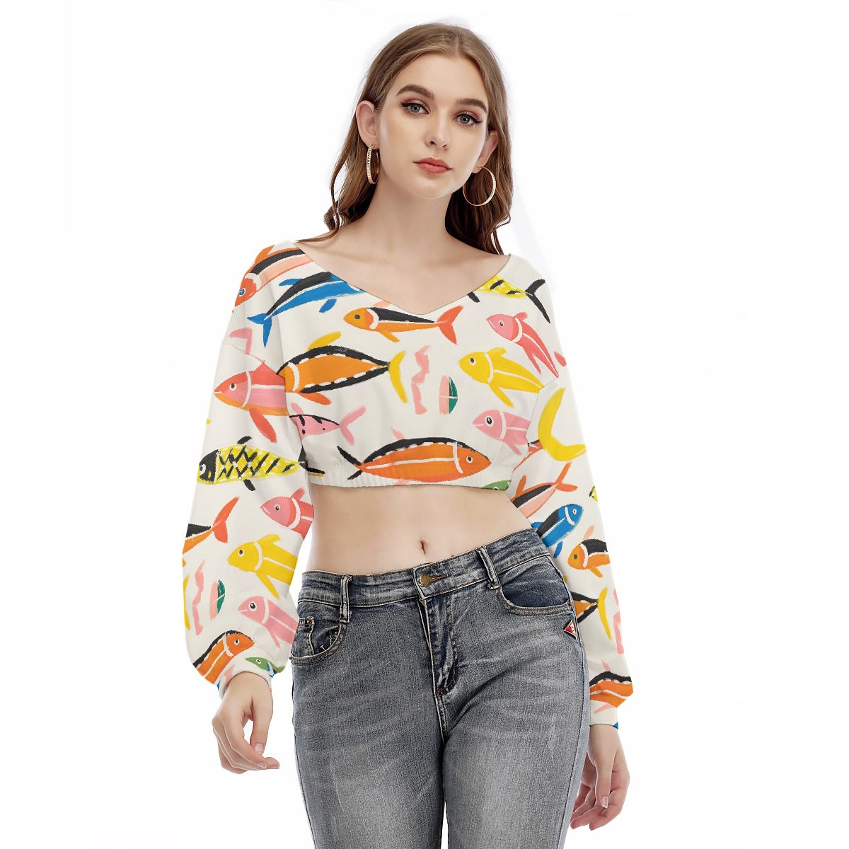 All-Over Print Women's V-neck Long Sleeve Cropped Sweatshirt