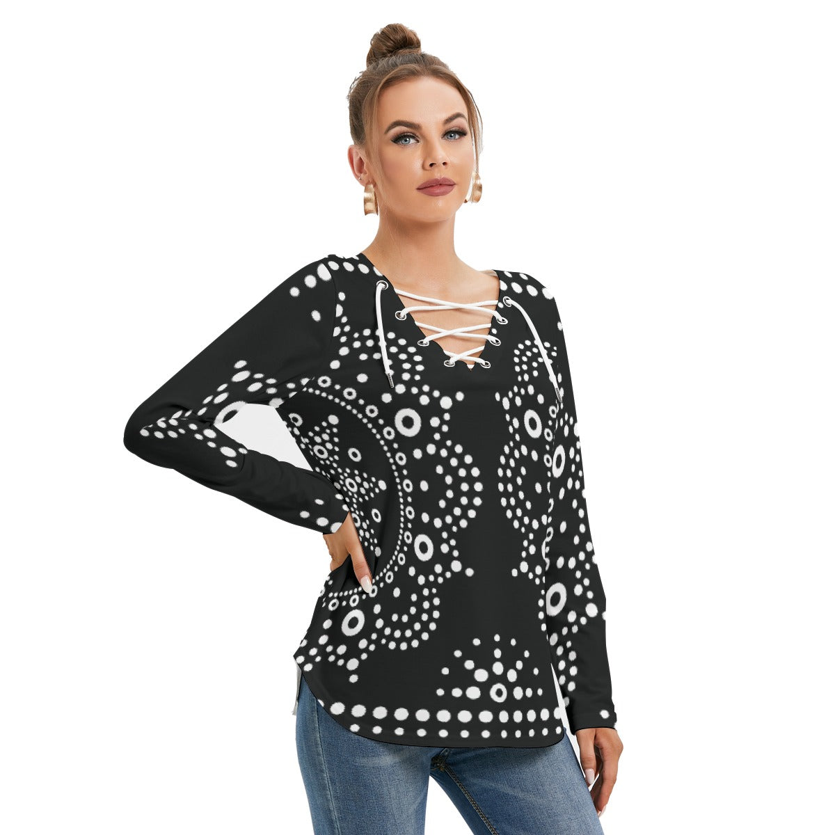 All-Over Print Women's Long Sleeve Neckline Tie Sweatshirt