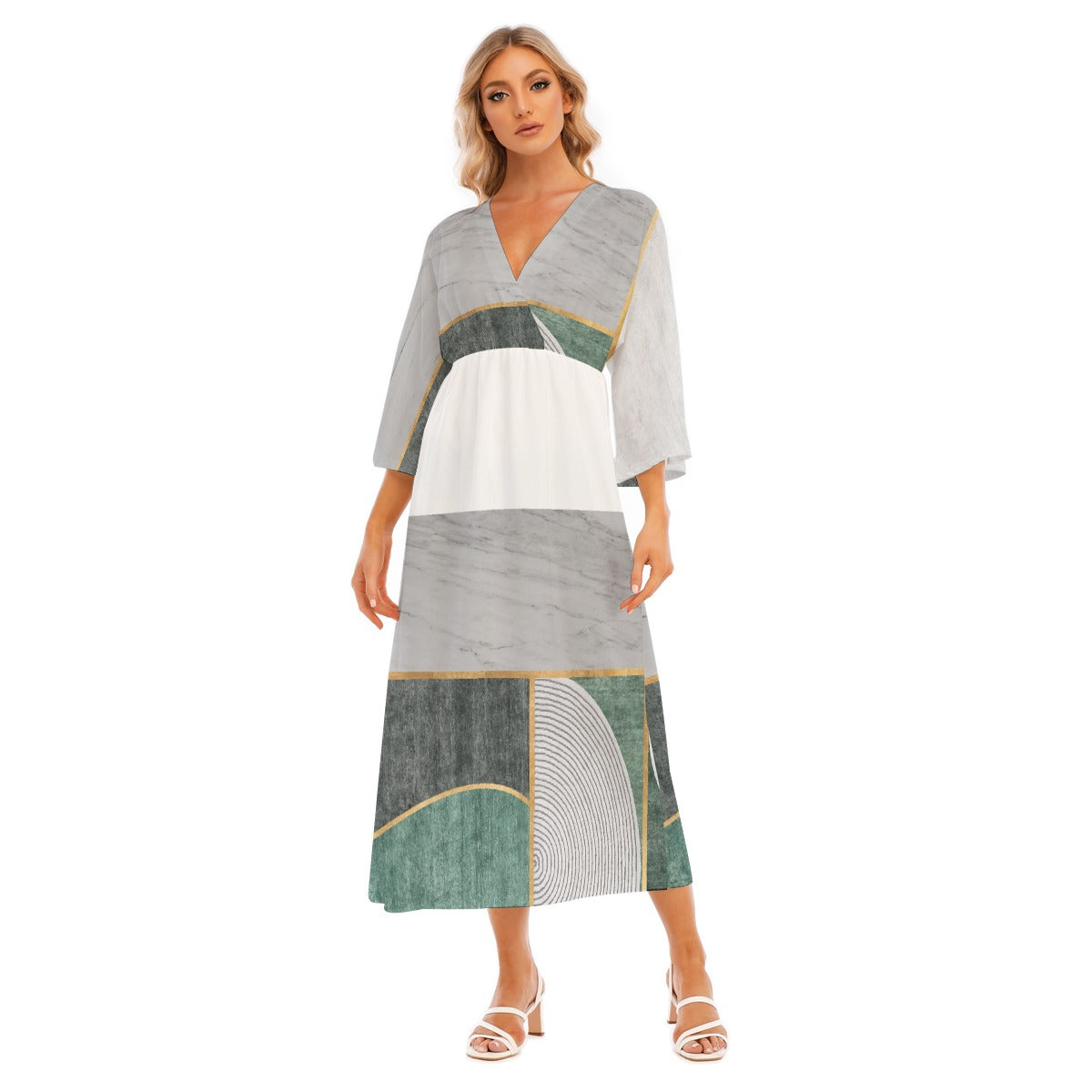 All-Over Print Women's Mid-Sleeve Long Dress