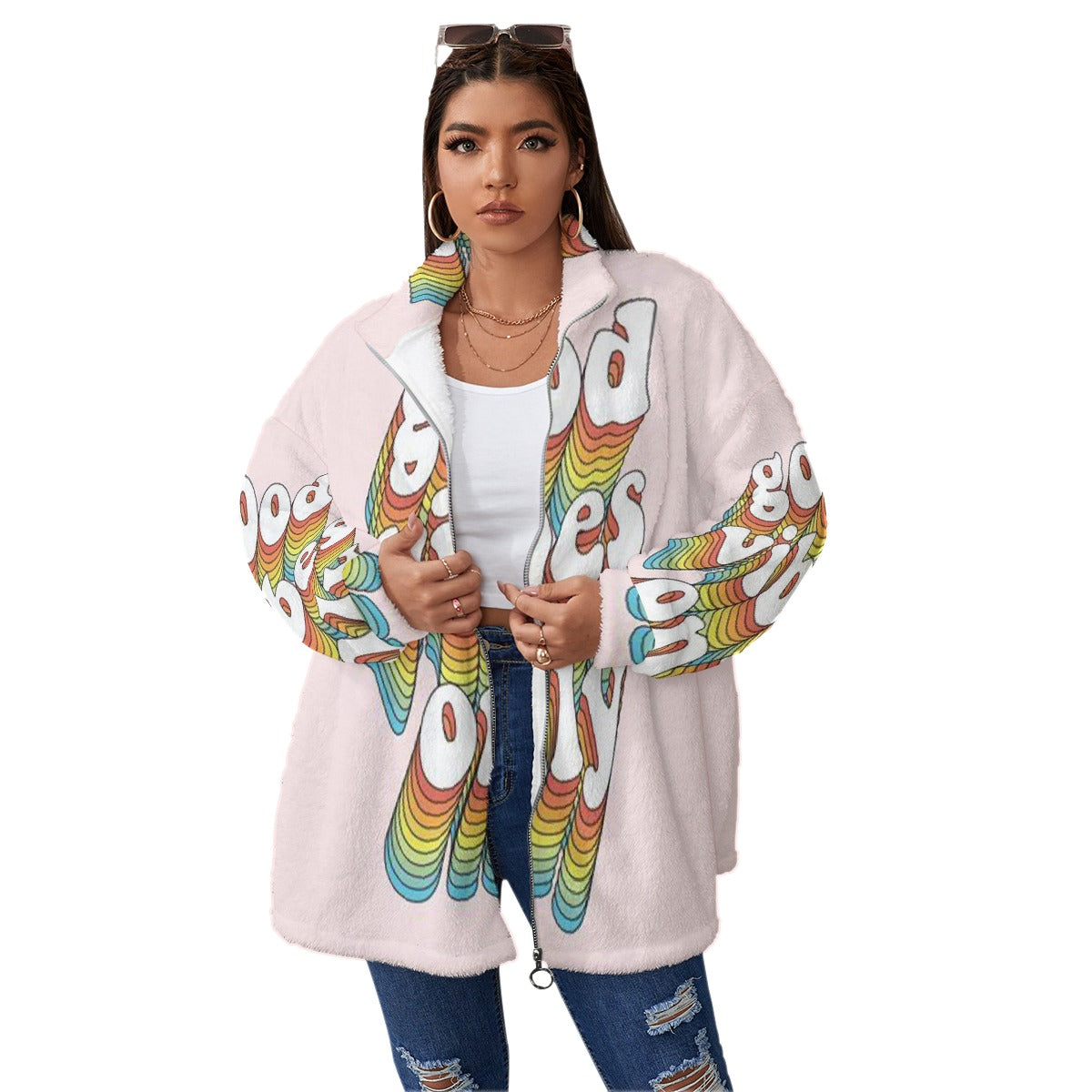 All-Over Print Unisex Borg Fleece Stand-up Collar Coat With Zipper Closure(Plus Size)