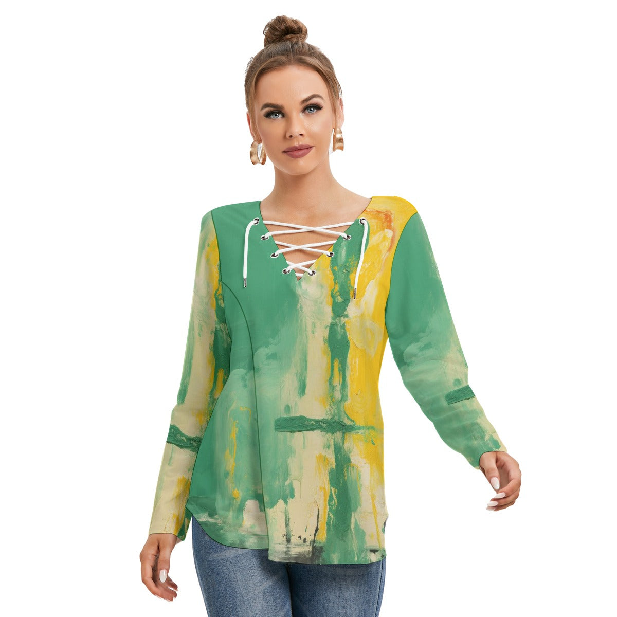 All-Over Print Women's Long Sleeve Neckline Tie Sweatshirt