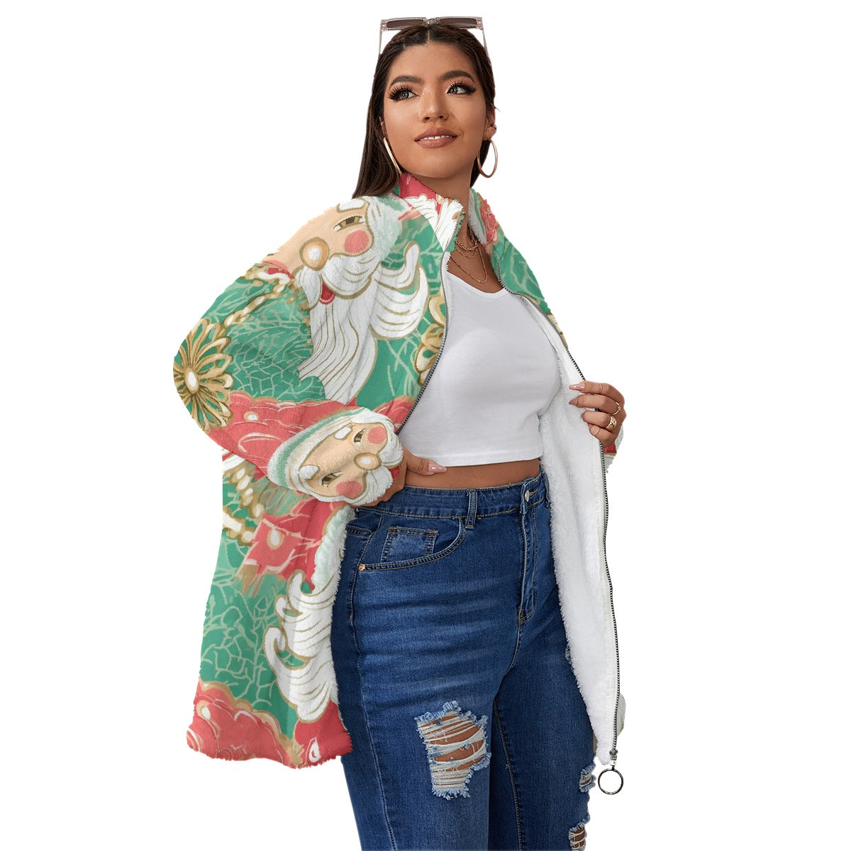 All-Over Print Unisex Borg Fleece Stand-up Collar Coat With Zipper Closure(Plus Size)