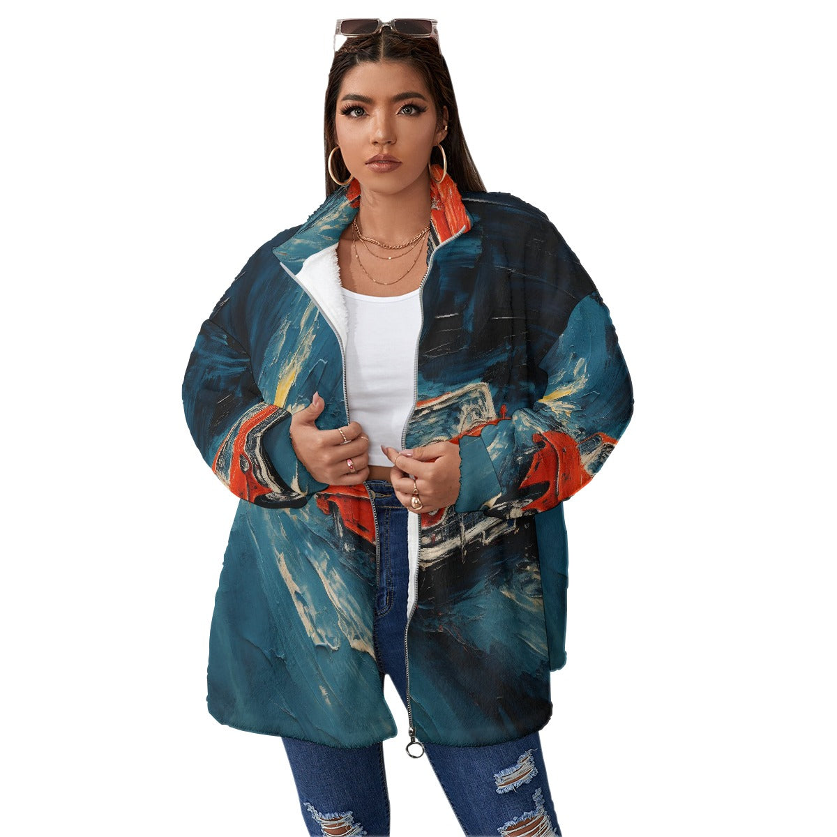 All-Over Print Unisex Borg Fleece Stand-up Collar Coat With Zipper Closure(Plus Size)