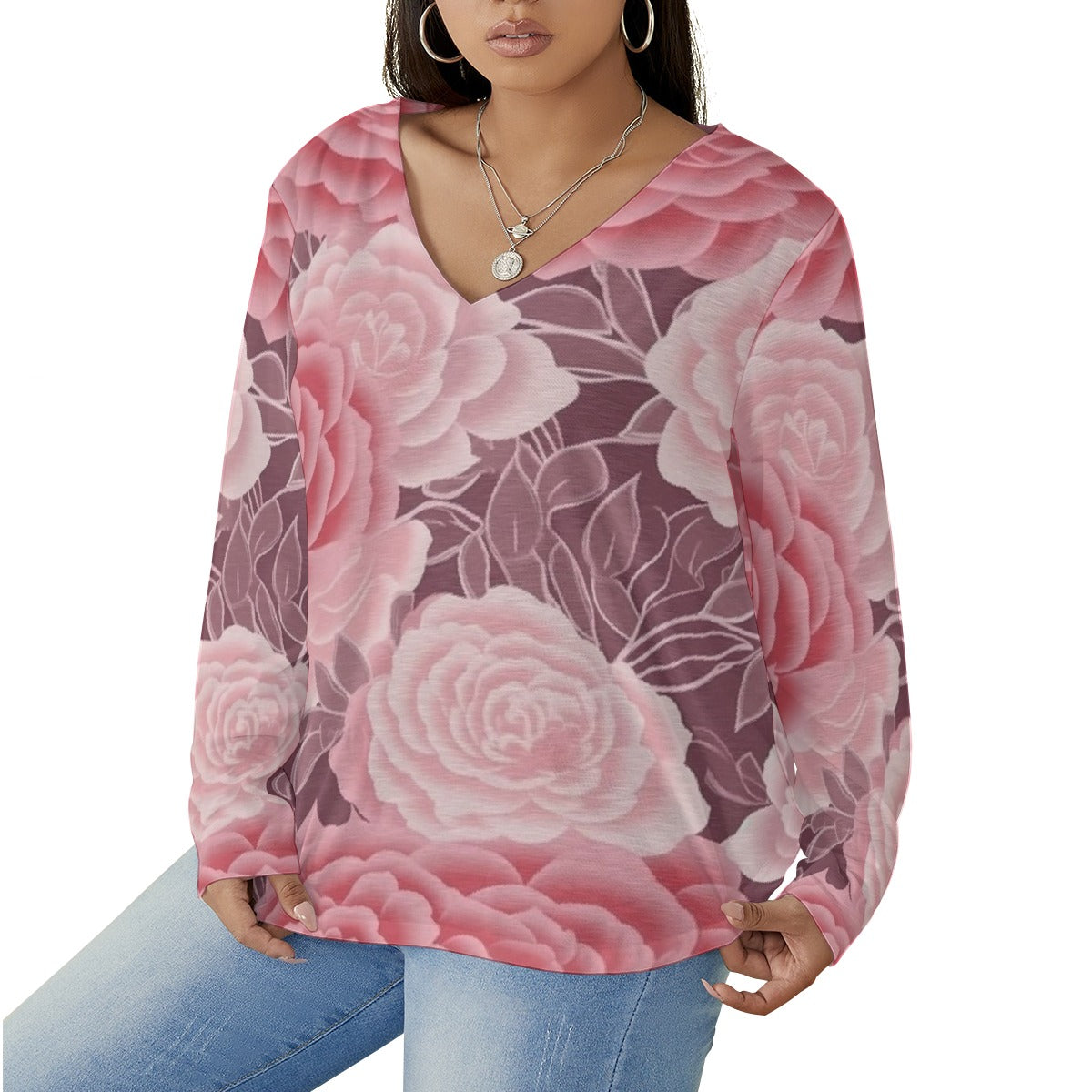 All-Over Print Women's V-neck T-shirt With Curved Hem(Plus Size)