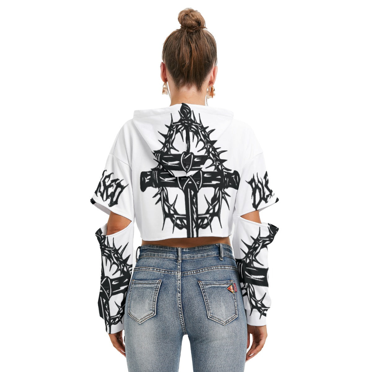 All-Over Print Women's Heavy Fleece Hoodie With Hollow Out Sleeve