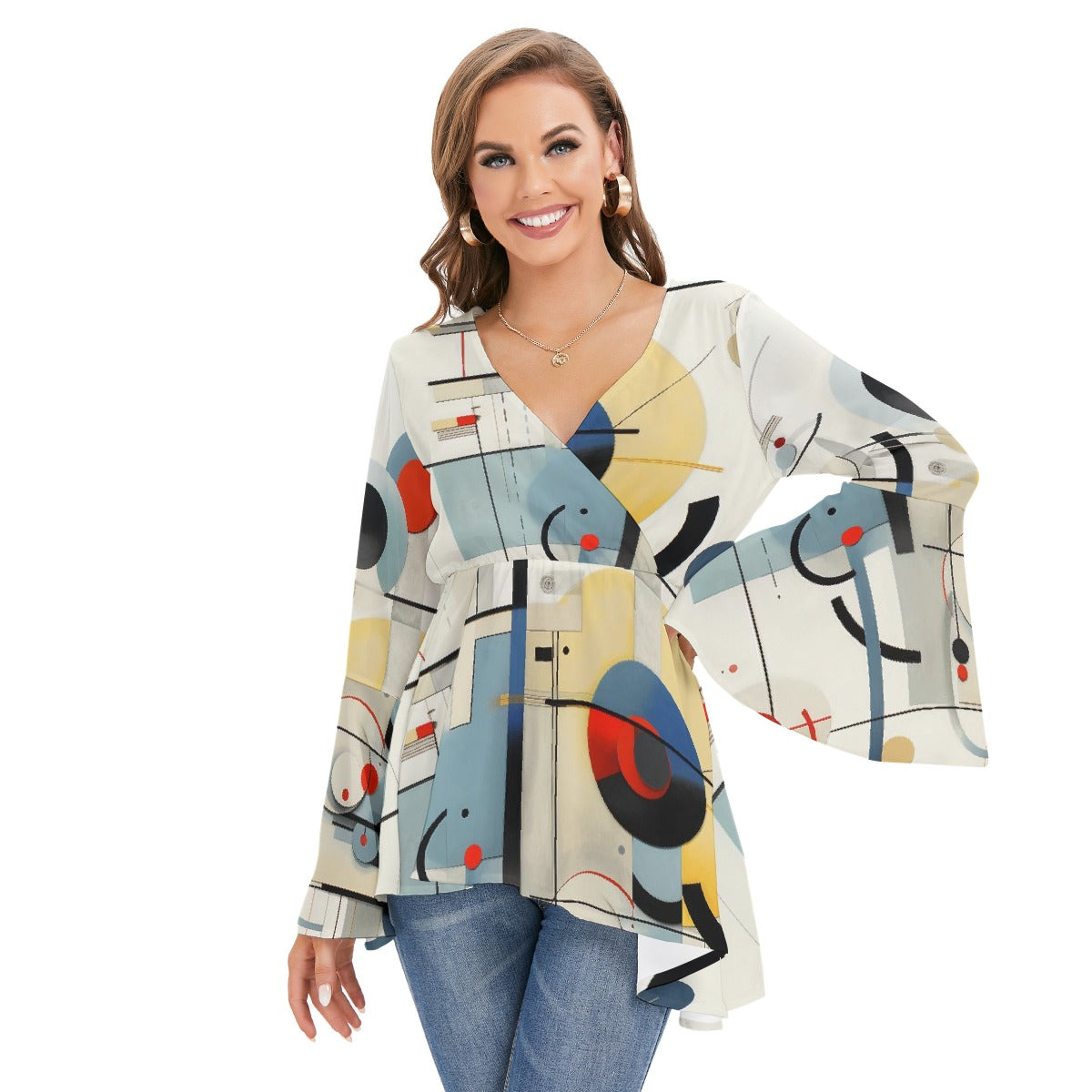 All-Over Print Women's V-neck Blouse With Flared Sleeves