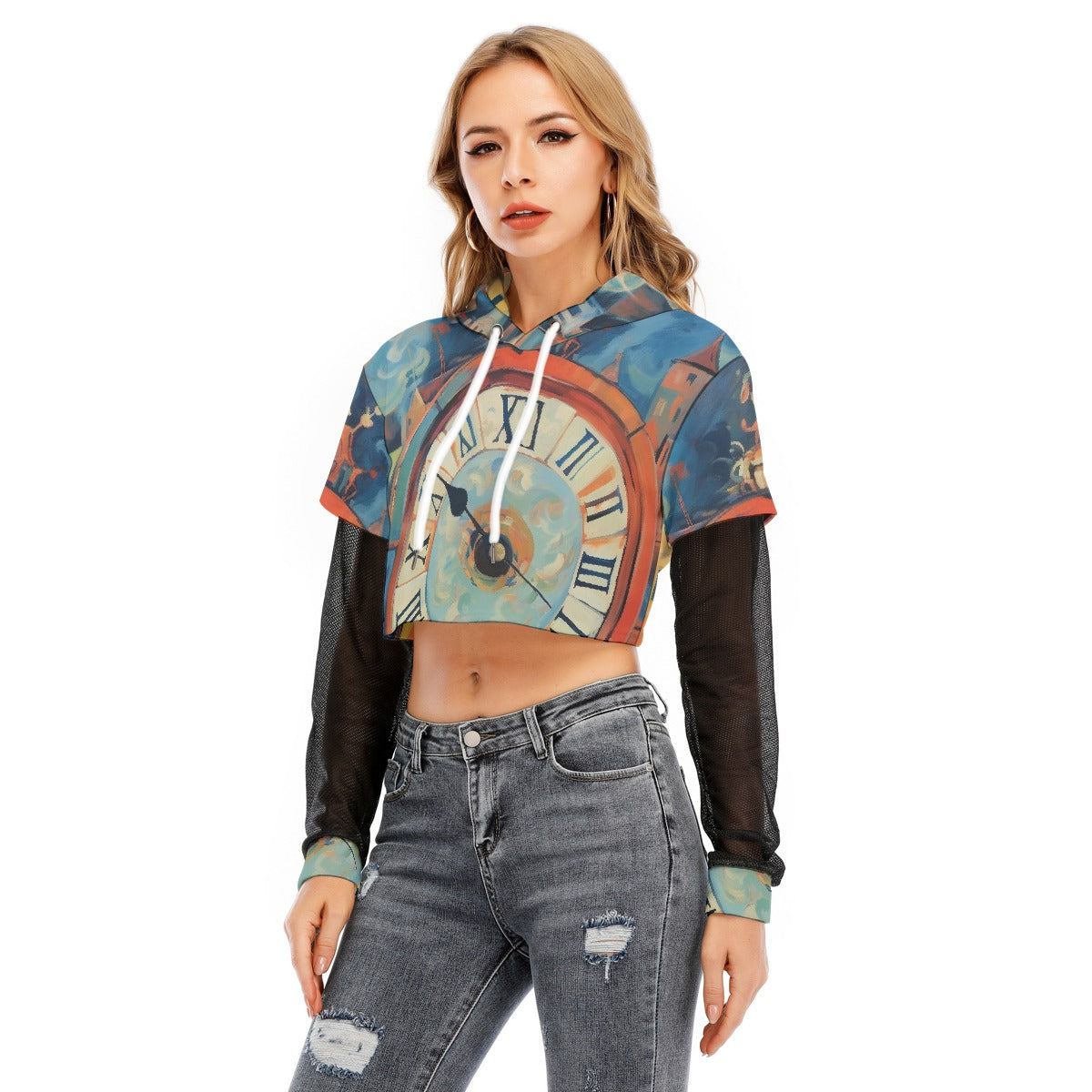 All-Over Print Women's Fake Two-piece Mesh Sleeve Cropped Hoodie
