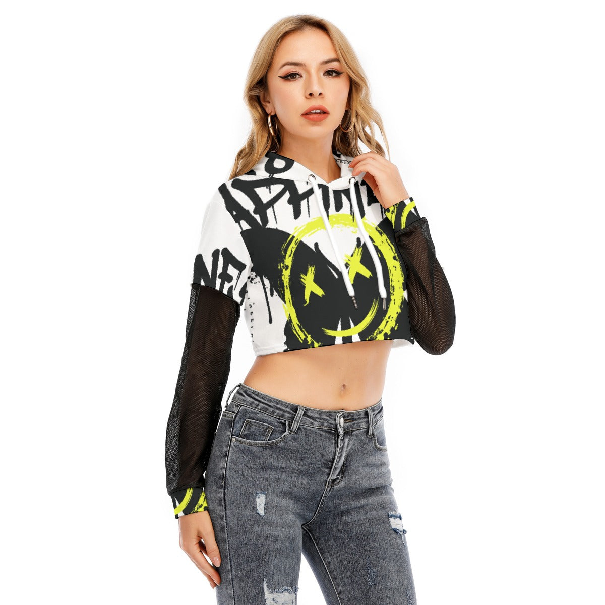 All-Over Print Women's Fake Two-piece Mesh Sleeve Cropped Hoodie