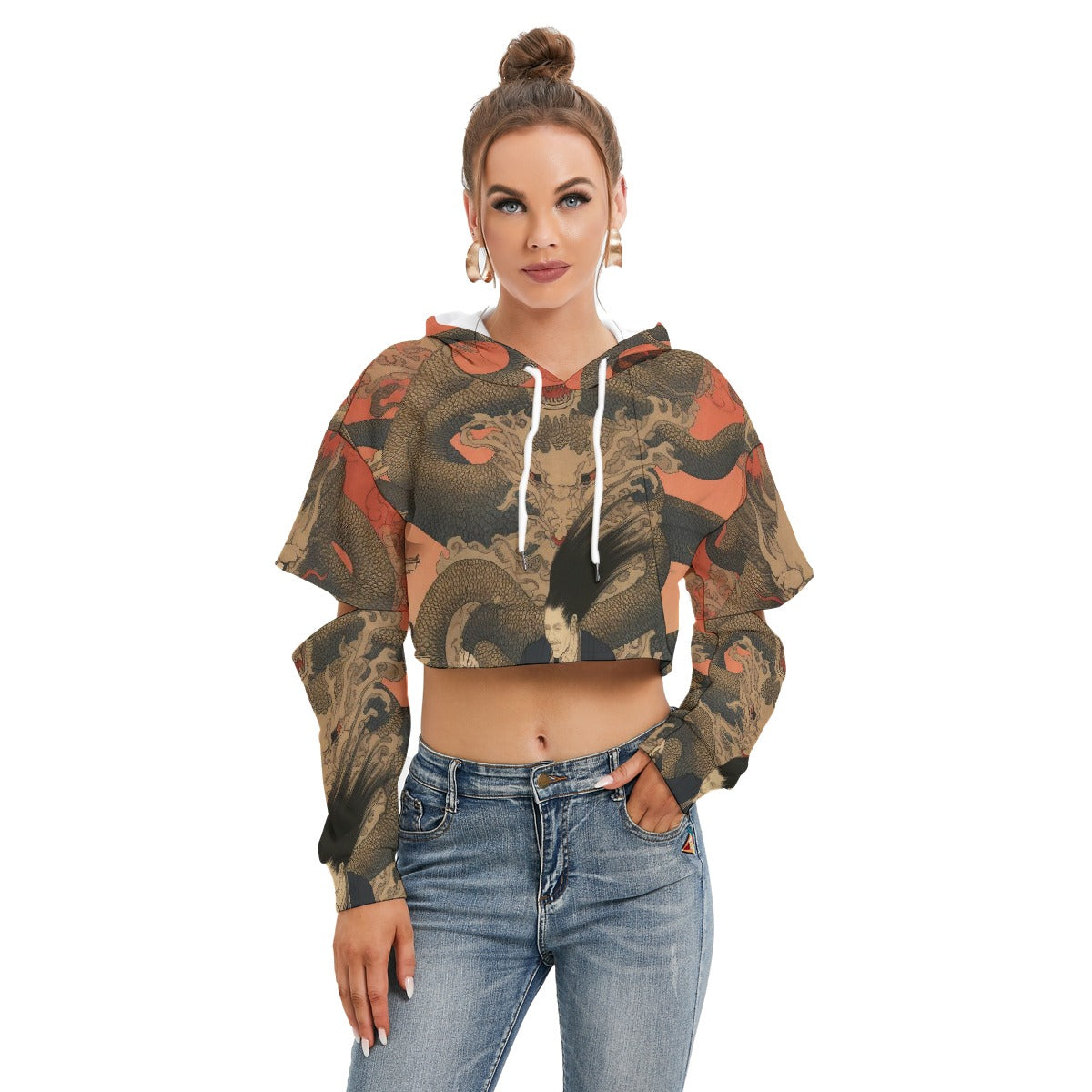 All-Over Print Women's Heavy Fleece Hoodie With Hollow Out Sleeve