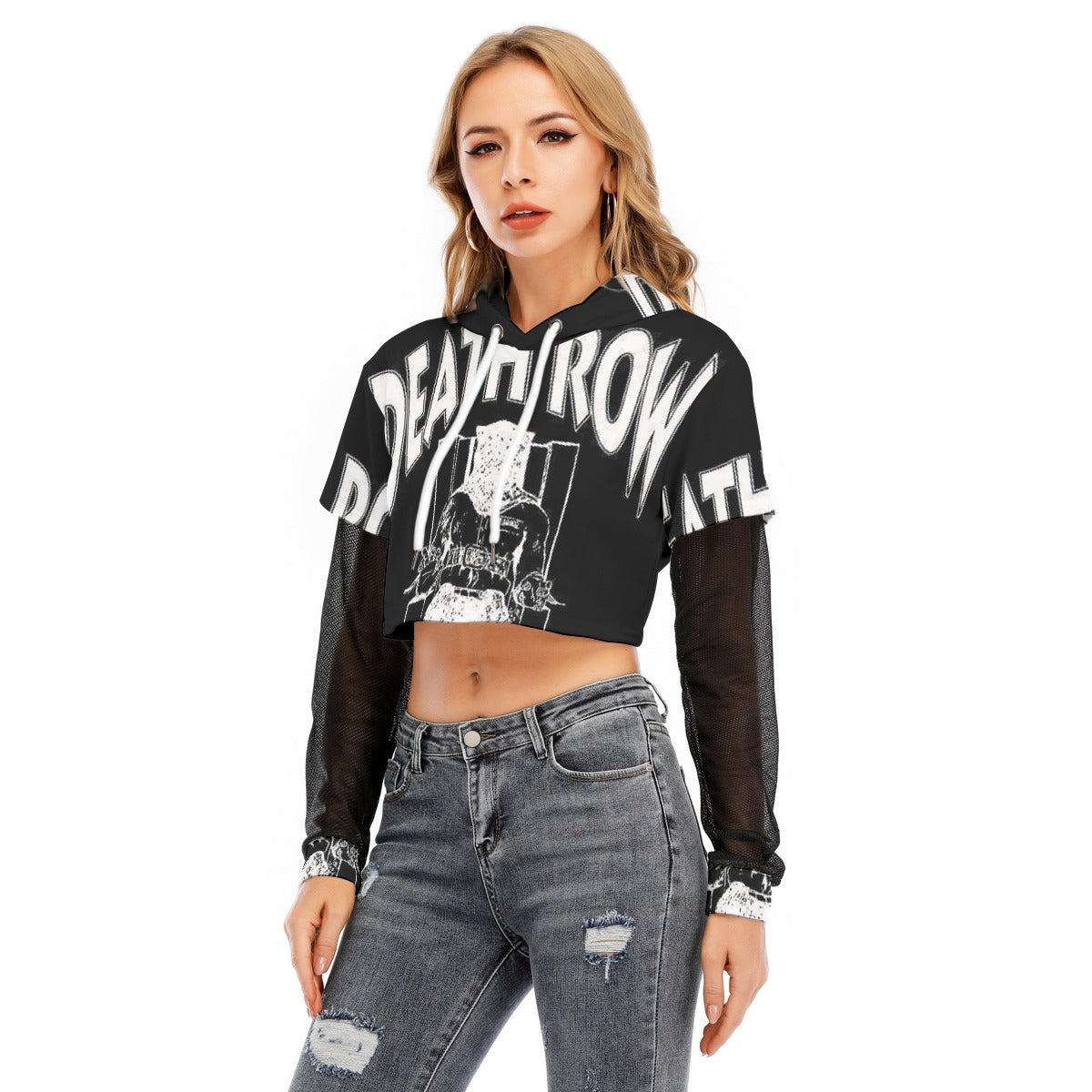 All-Over Print Women's Fake Two-piece Mesh Sleeve Cropped Hoodie