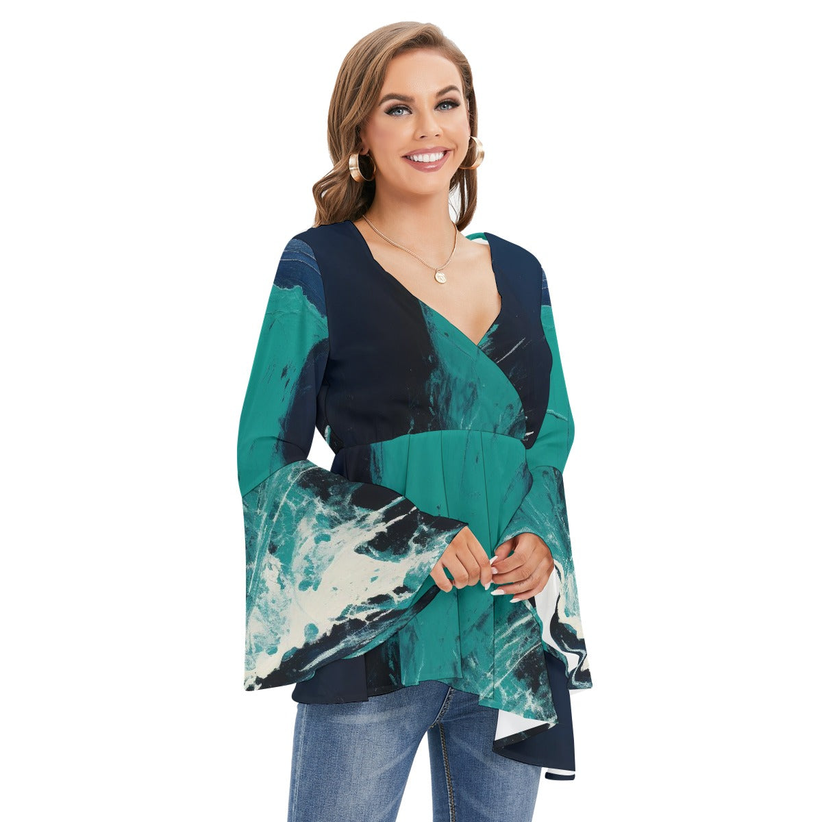 All-Over Print Women's V-neck Blouse With Flared Sleeves