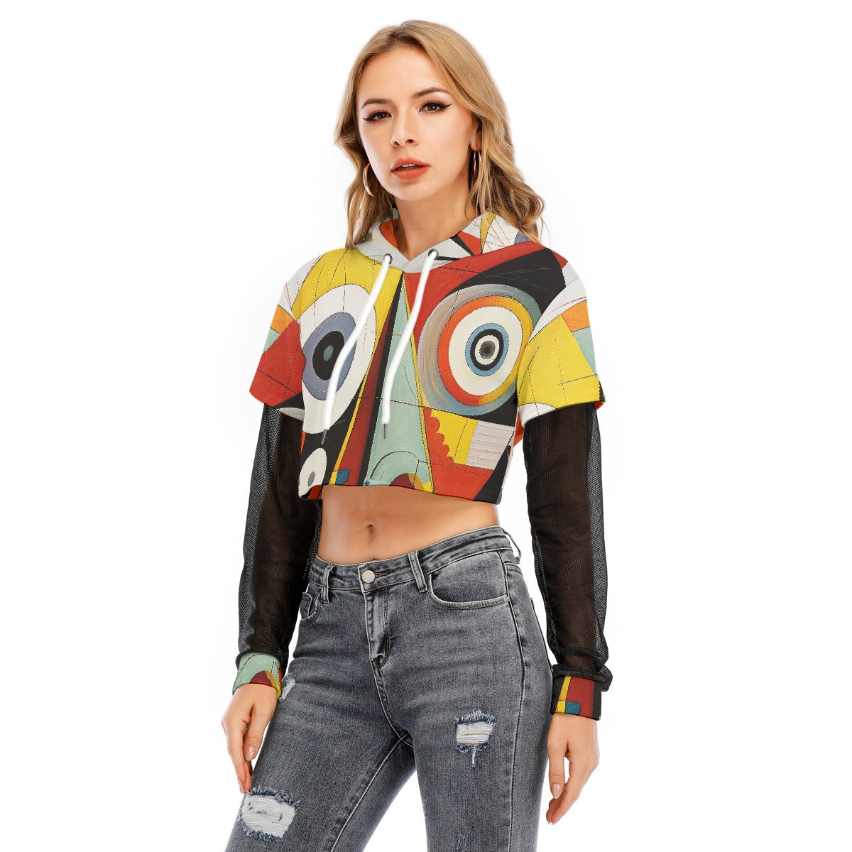 All-Over Print Women's Fake Two-piece Mesh Sleeve Cropped Hoodie