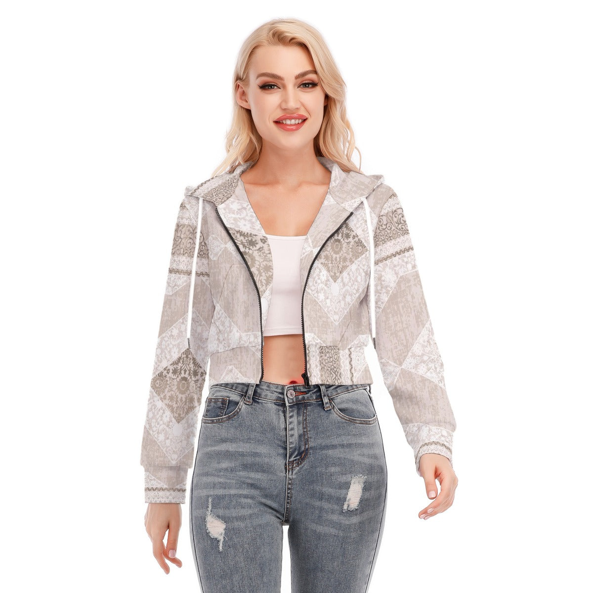 All-Over Print Women's Crop Top Hoodie With Zipper Closure