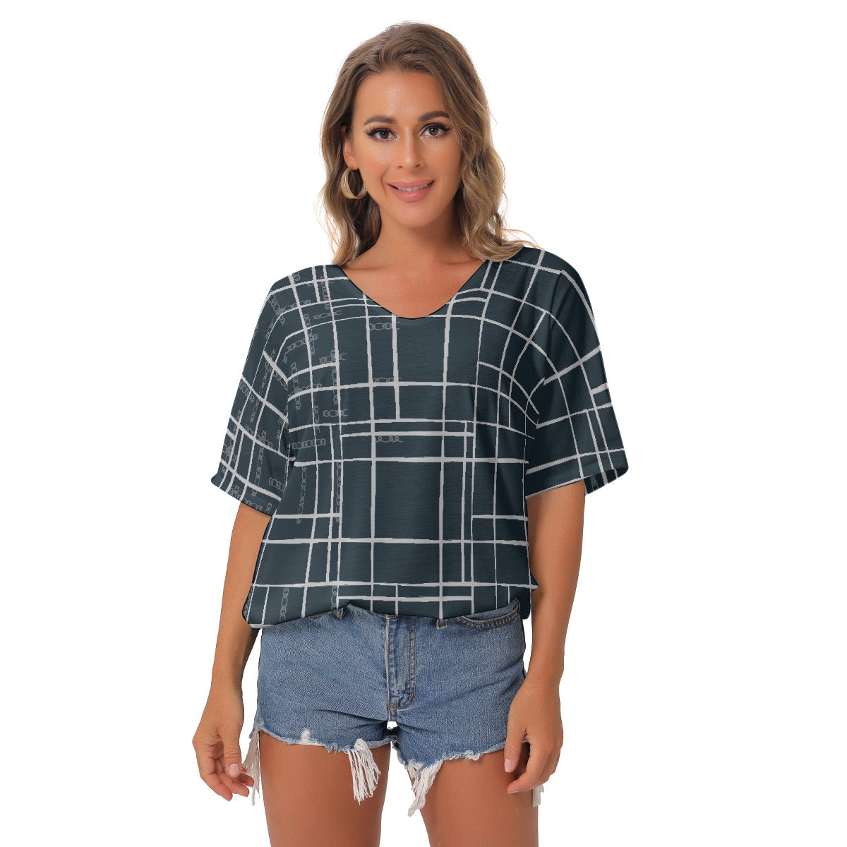 All-Over Print Women's Bat Sleeves V-Neck Blouse