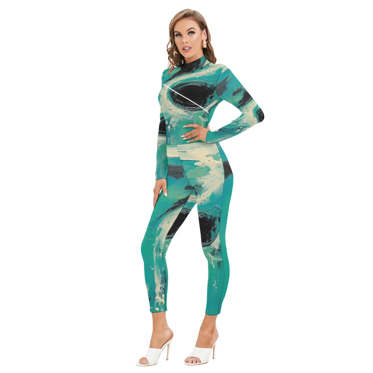 All-Over Print Women's Long-sleeved High-neck Jumpsuit With Zipper