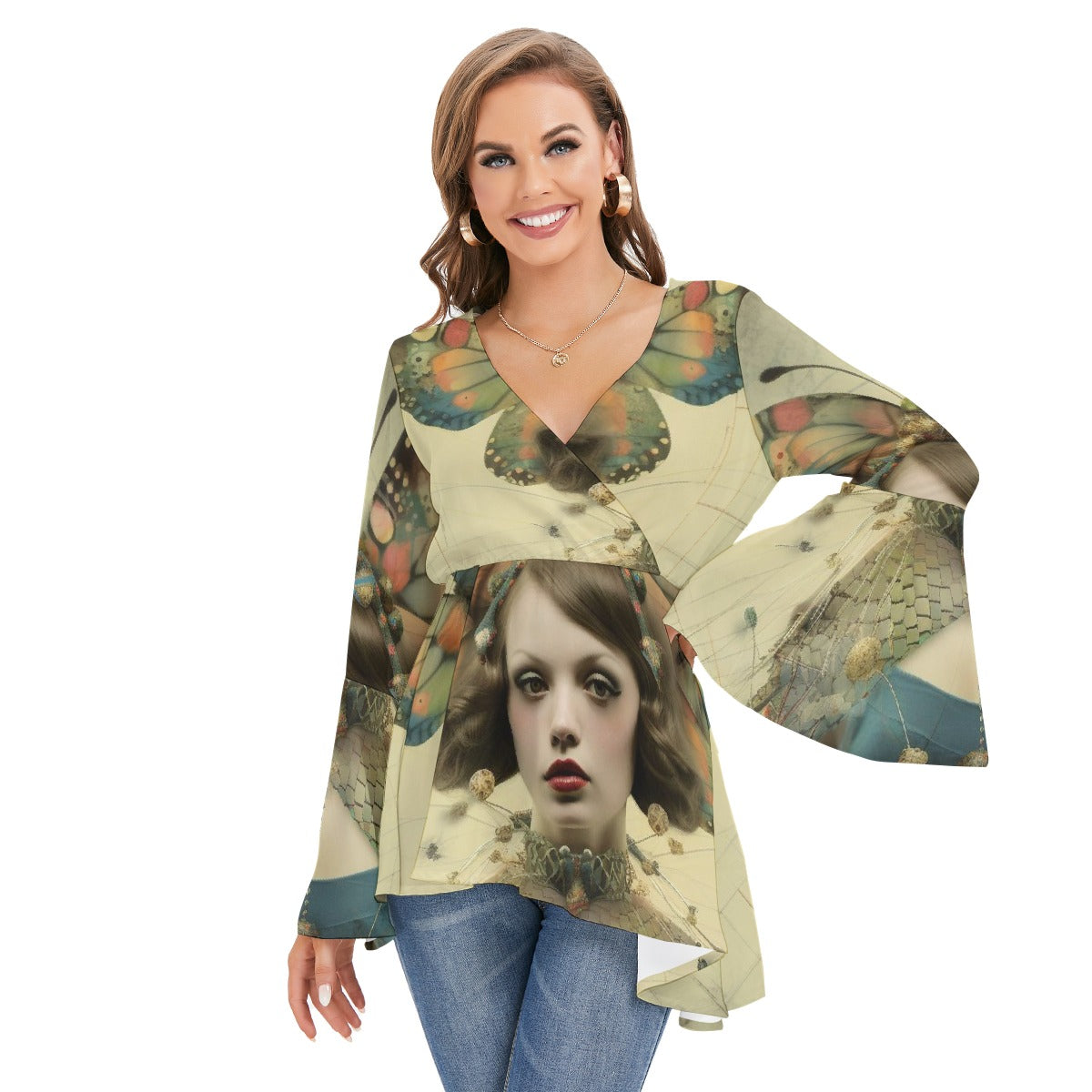 All-Over Print Women's V-neck Blouse With Flared Sleeves