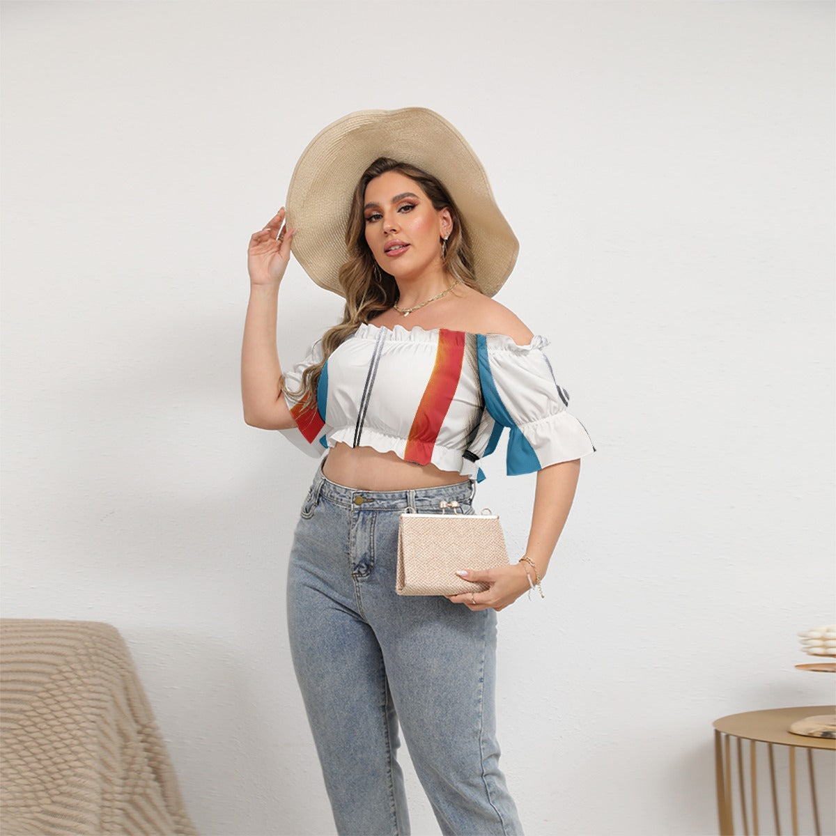 All-Over Print Women's Off-shoulder Cropped Top With Short Puff Sleeve