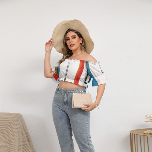 All-Over Print Women's Off-shoulder Cropped Top With Short Puff Sleeve