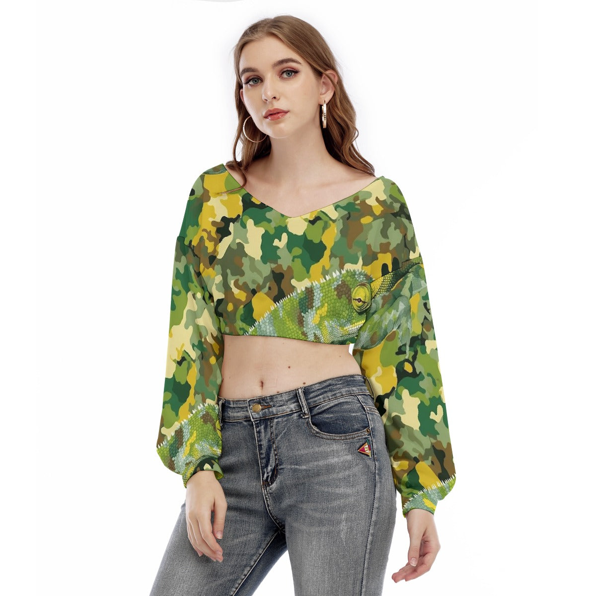 All-Over Print Women's V-neck Long Sleeve Cropped Sweatshirt
