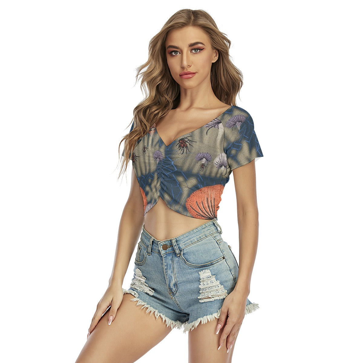 All-Over Print Women's Raglan Drawstring Front  Crop Tee