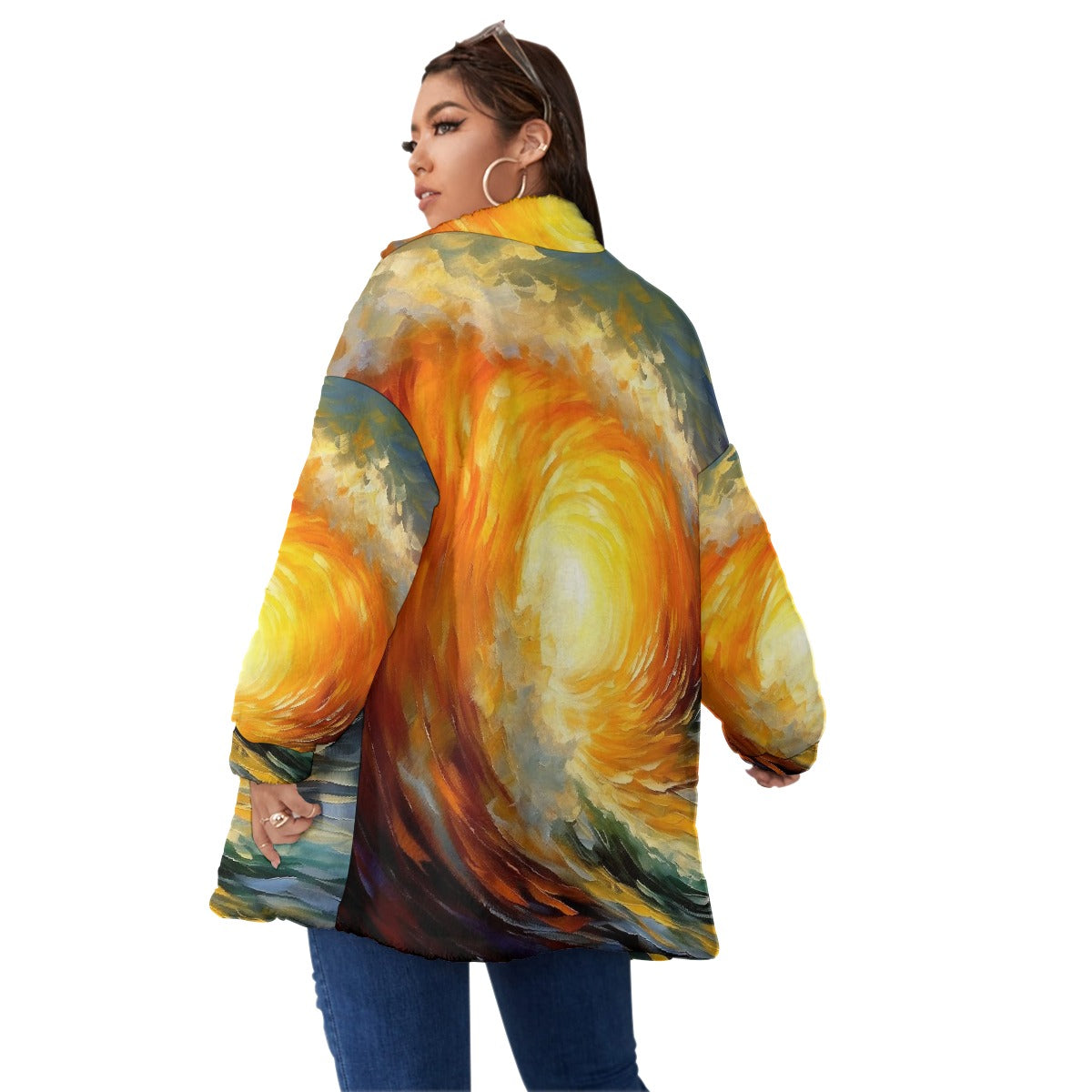 All-Over Print Unisex Borg Fleece Stand-up Collar Coat With Zipper Closure(Plus Size)