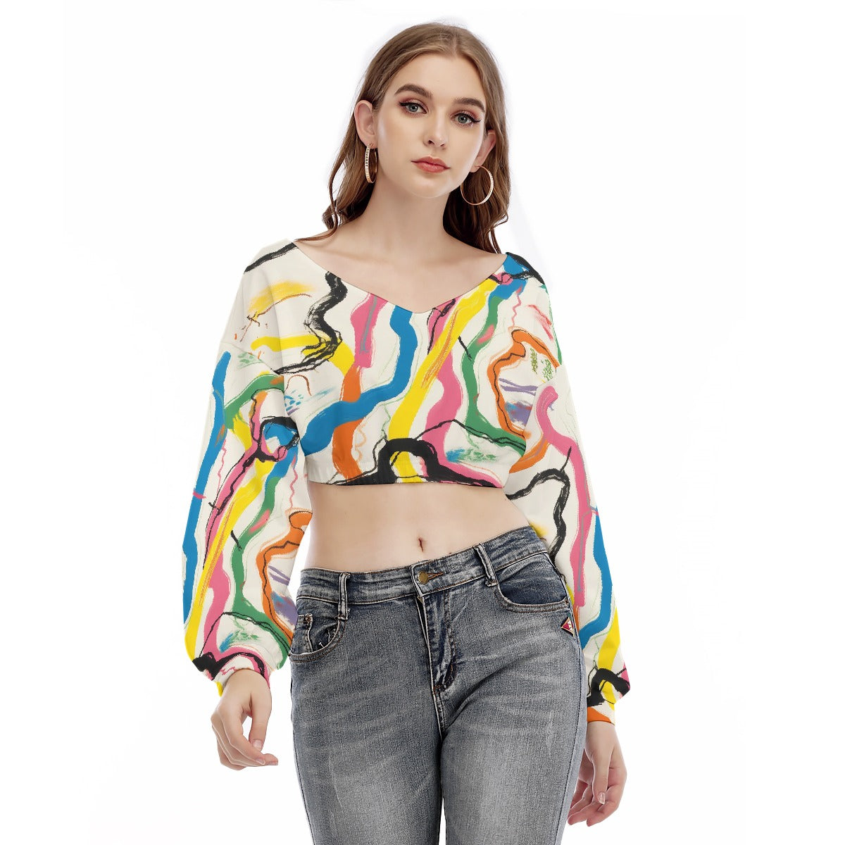 All-Over Print Women's V-neck Long Sleeve Cropped Sweatshirt
