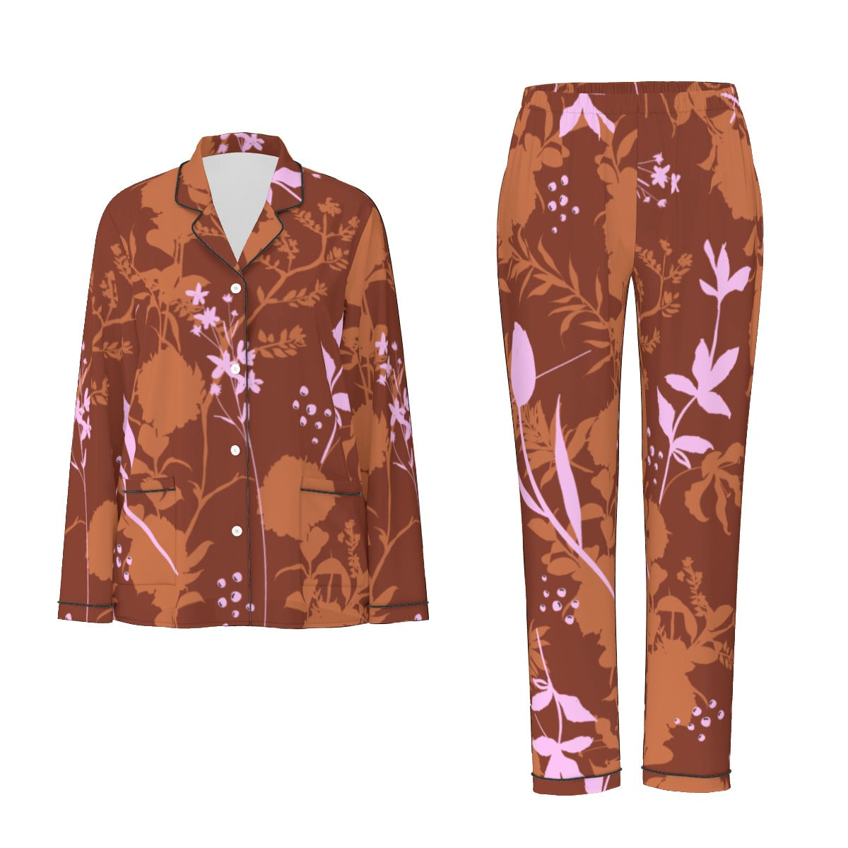 All-Over Print Women's Long Sleeve Pajama Set With Black Contrast Piping