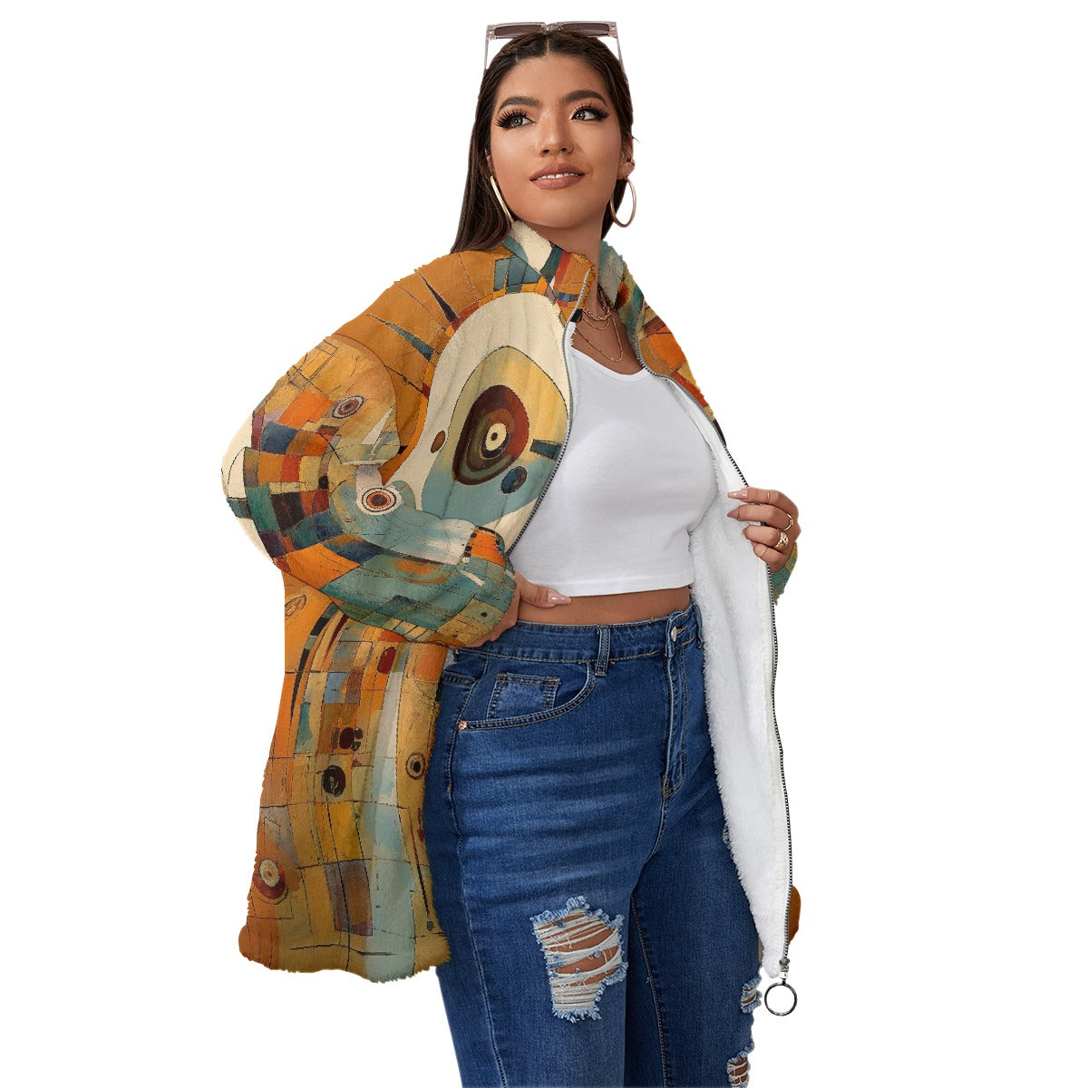 All-Over Print Unisex Borg Fleece Stand-up Collar Coat With Zipper Closure(Plus Size)